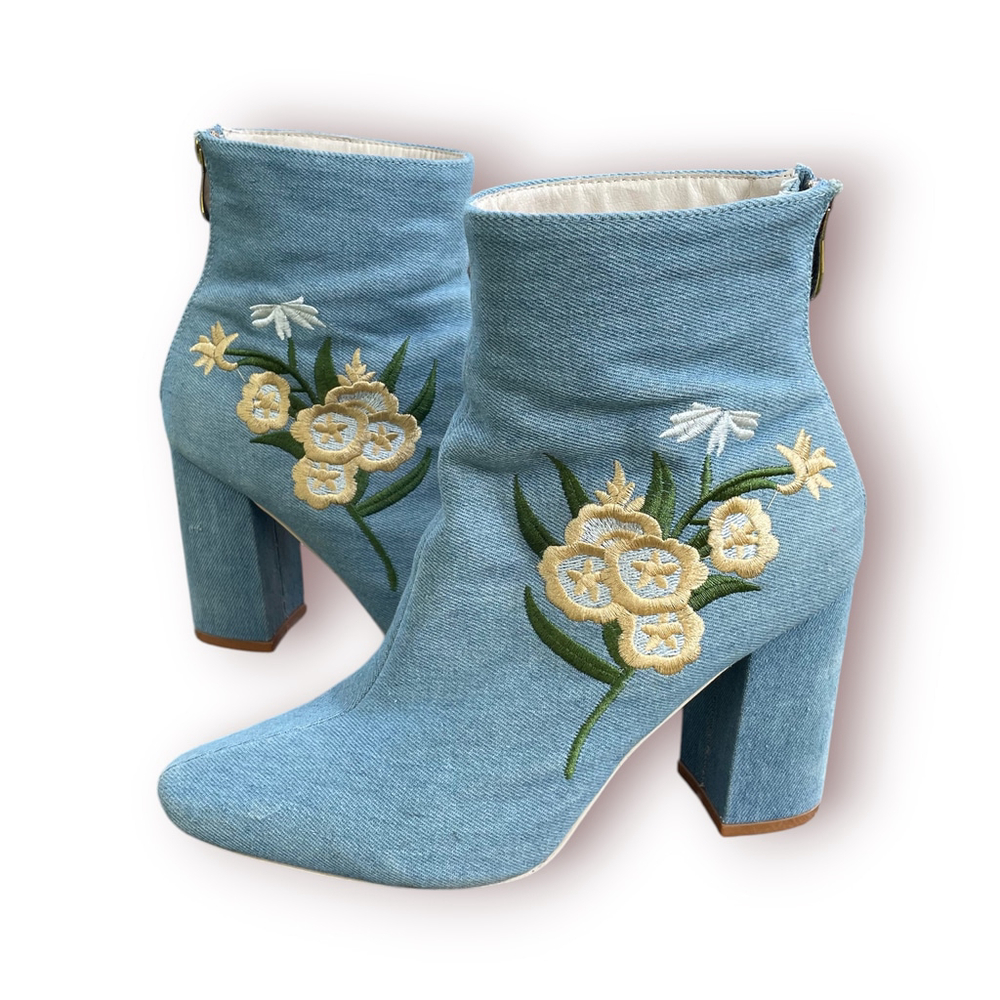 Cape Robbin Betisa Denim Floral Ankle Boots